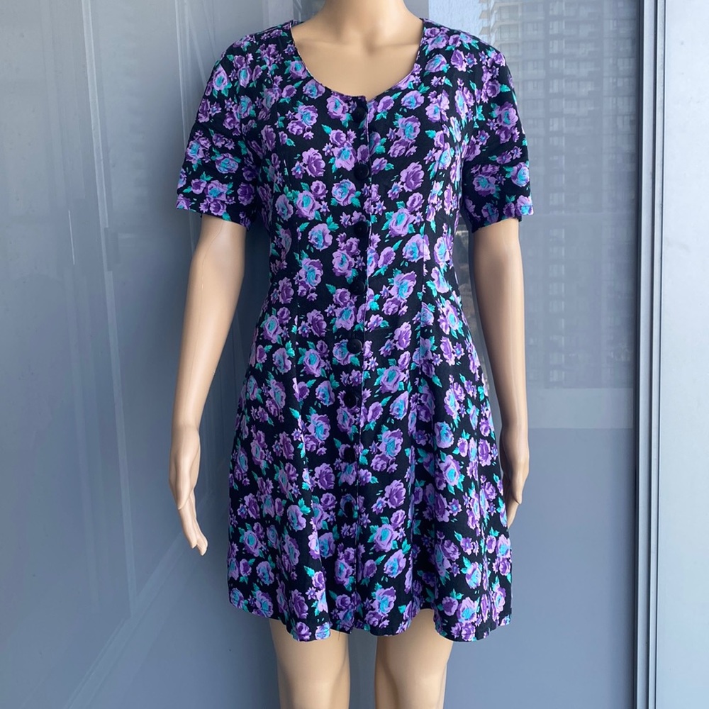 Vintage Floral Mini Dress - Purple and Blue